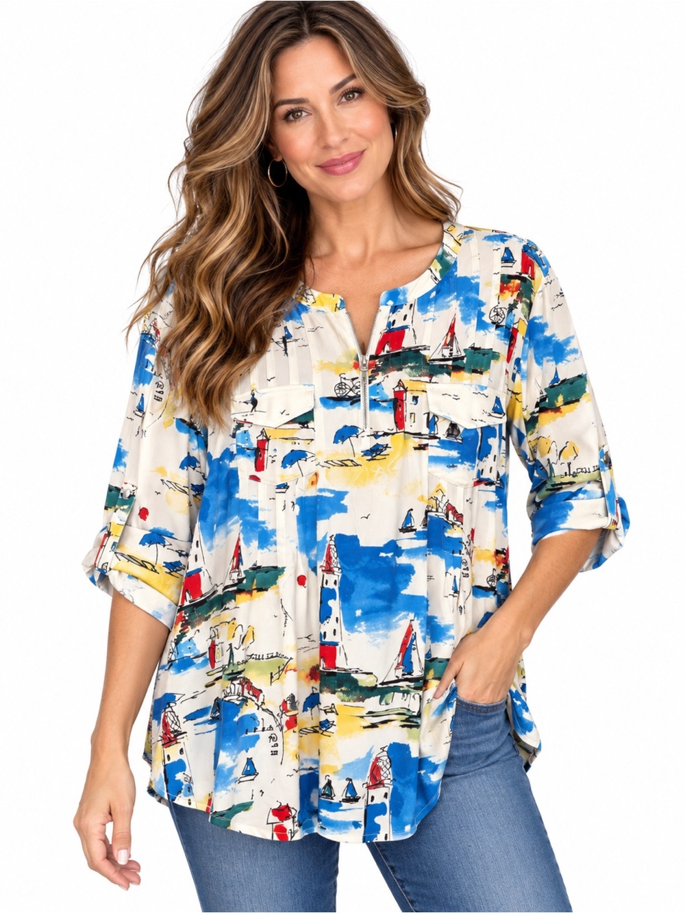 Kim Rogers XXL Nautical Print Blouse Blue Yellow White Zip Front Tunic